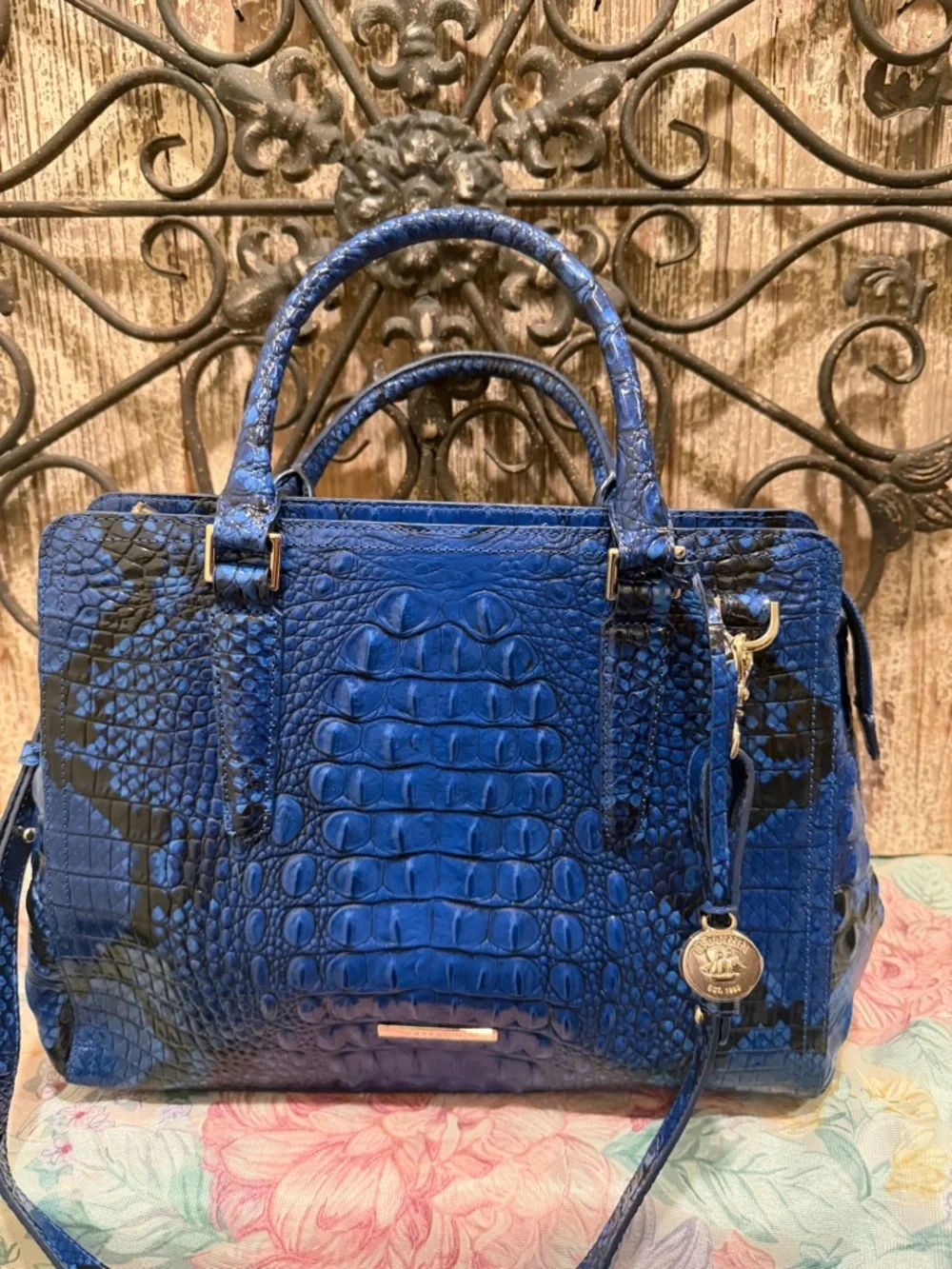 Brahmin Croc-Embossed Satchel Finley Blue Viper Ombre Melbourne leather purse